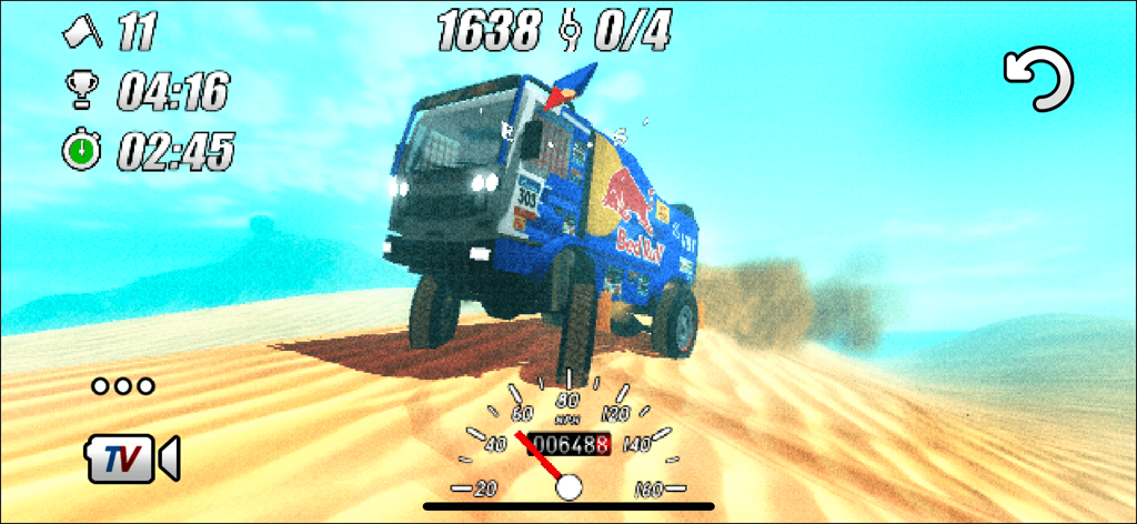 DuneDrift - A blue rally truck driving over sand dunes in the DuneDrift game