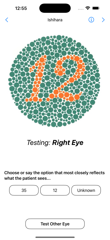 EyeMate - Digital Ishihara color vision test on the EyeMate app showing a plate with the number twelve for clinical eye assessment