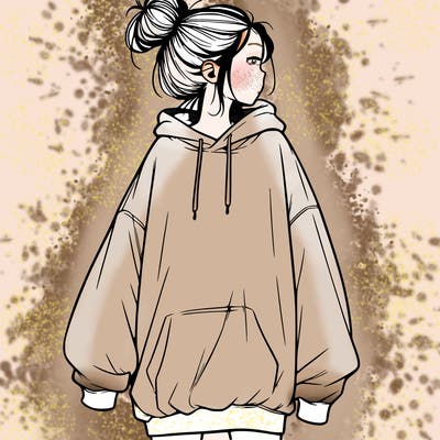 realistic girl with a oversized sweatshirt on and a bun