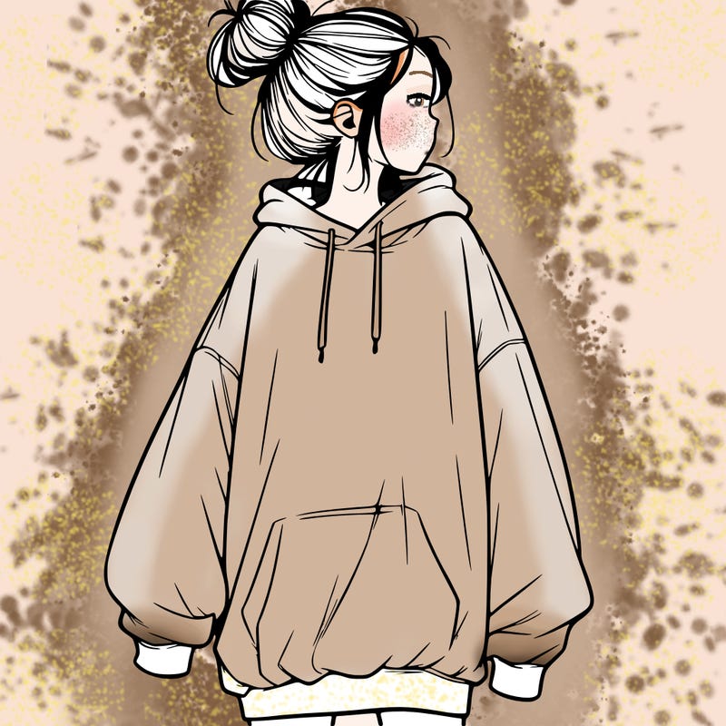 realistic girl with a oversized sweatshirt on and a bun