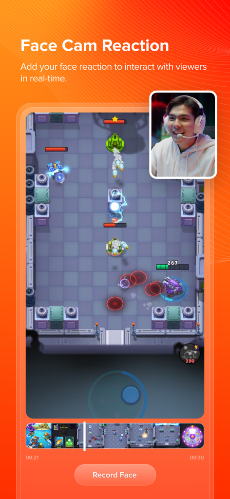 Ein mobiler Spielbildschirm mit einem Face-Cam-Reaktions-Overlay für das Live-Streaming