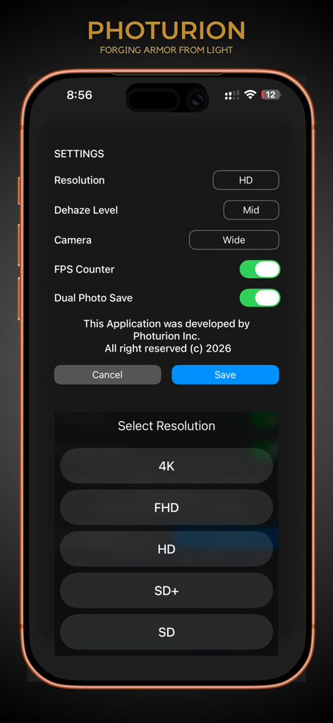 ClearView Pro - Screenshot of the ClearView Pro settings menu on an iPhone showing professional video resolution options including 4K and FHD