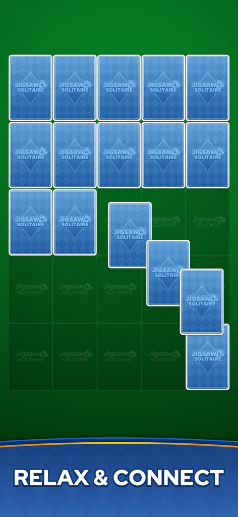 Jigsaw Solitaire Puzzle - Pantalla de juego Jigsaw Solitaire Puzzle con cartas azules en una cuadrícula verde y texto relax y connect
