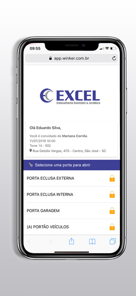 Excel Condomínio Digital - Interfaccia dell'app mobile che mostra le opzioni per sbloccare da remoto i cancelli e le porte dell'edificio per i visitatori.
