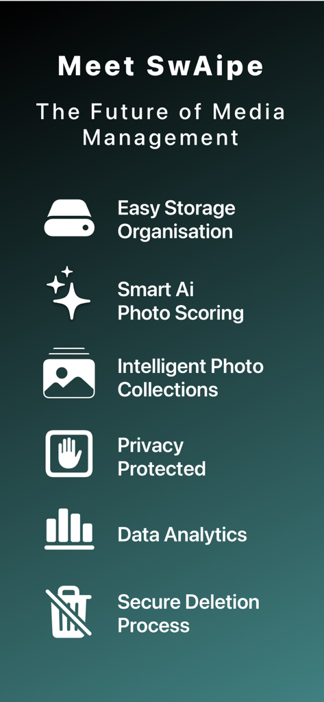 Free Up Storage: SwAipe - SwAipe app feature highlights including AI photo scoring and storage organization