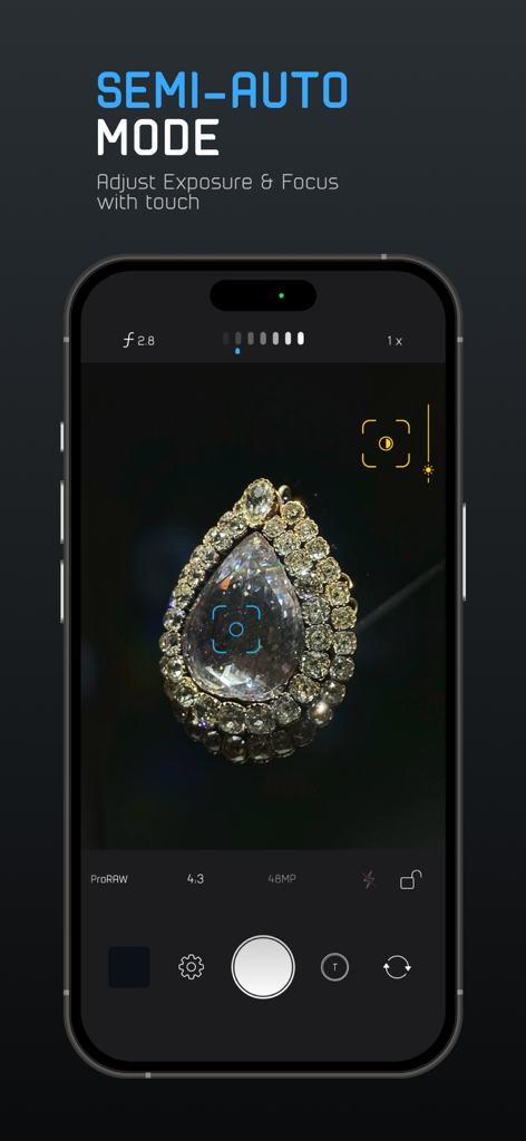 ProCam - Capture ProRAW photos - ProCam app interface demonstrating semi-auto mode with touch controls for exposure and focus on an iPhone.