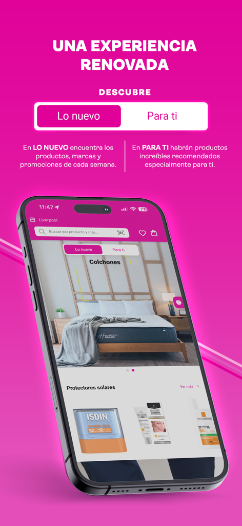 Liverpool: Compra en línea - Liverpool mobile app interface showing product categories like mattresses and sunscreens on a pink background
