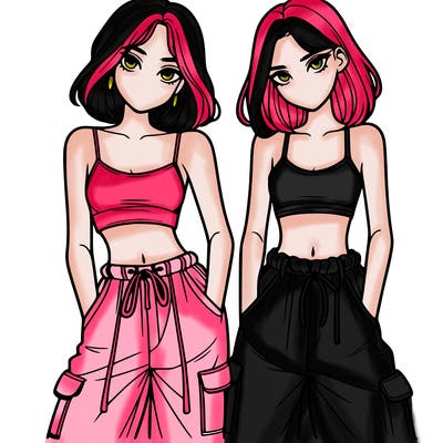 two girls with crop top with baggy pants