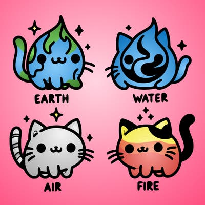 4 cats that represent the different elements, earth, water, air, and fire