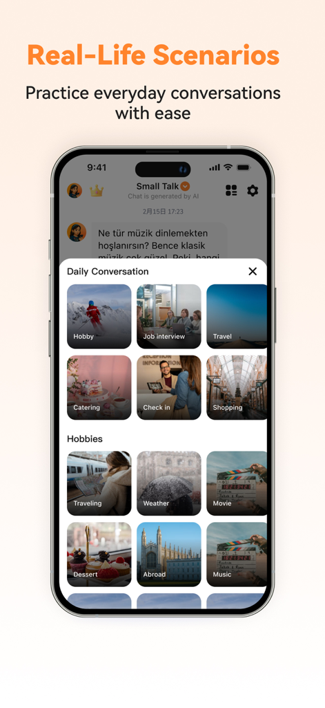 Turkish Ai app displaying real life conversation scenarios including job interviews travel and shopping