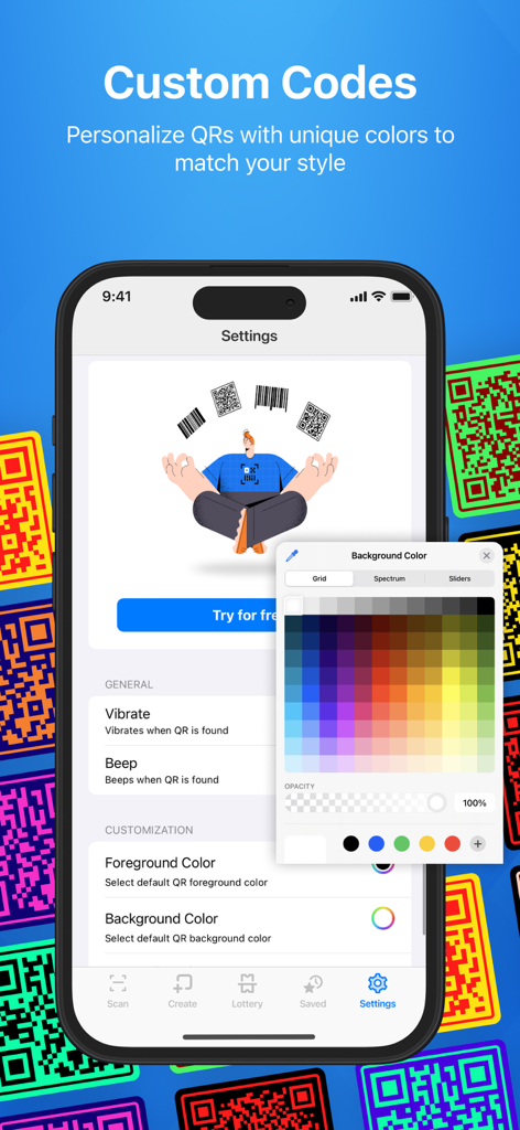 Scan QR Code. - Settings screen for customizing QR code background and foreground colors with a color palette picker