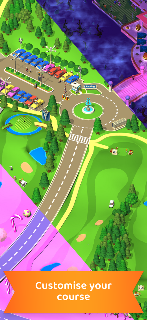 Idle Golf Club Manager Tycoon - Isometric view of a golf course showing different landscape themes and customization options in a management game