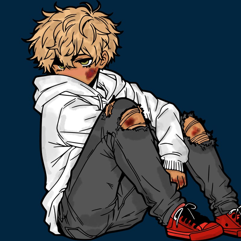 a male hoddie ripped jeans messy hair anime