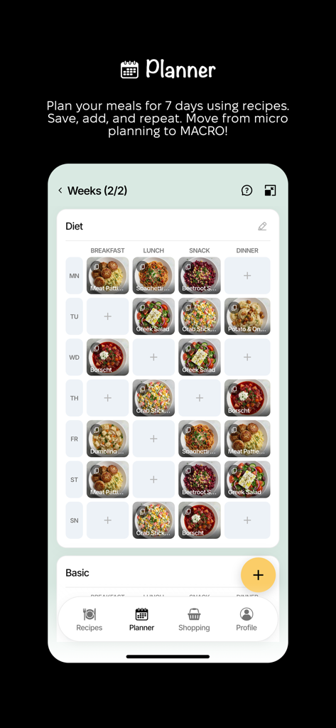 FoodsPlans - FoodsPlans mobile app interface showing a seven day meal planning grid with dish images for breakfast lunch snack and dinner