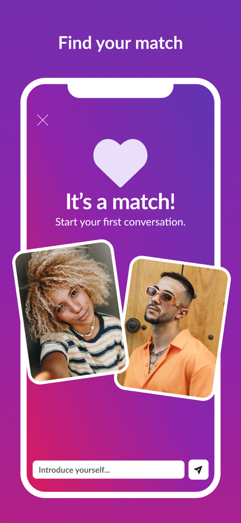 MeetMe app interface showing a match screen with photos of two people and an introduce yourself chat box
