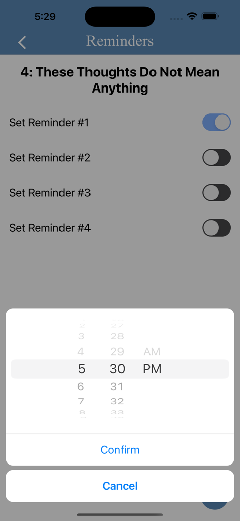 A screen from the A Course in Miracles Narrated app showing a daily practice reminder setting with a time picker for lesson 4.