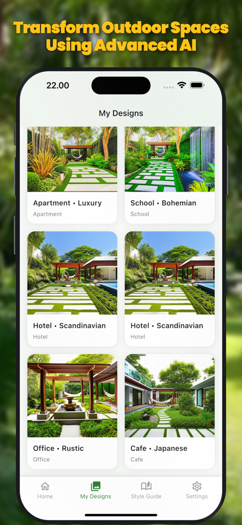AI Garden Design landscape - AI Garden Design app interface showing a gallery of landscape designs in various styles like luxury and bohemian