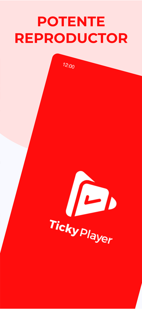 Ticky Player app splash screen with the text Potente Reproductor and the company logo on a red background