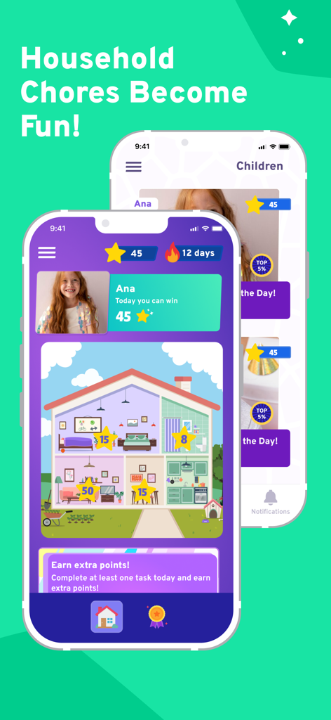 MyTurn: Kids Chore & Reward - MyTurn app interface showing a gamified house map where kids earn stars and points for completing household chores.