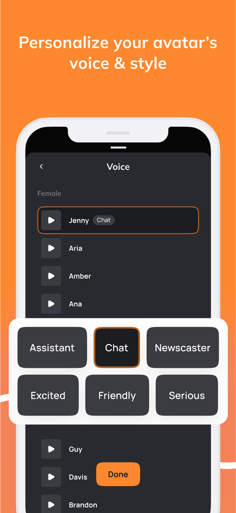 Interfaz de la aplicación D-ID mostrando opciones para personalizar la voz y el estilo de habla de un avatar IA como presentador de noticias o amigable