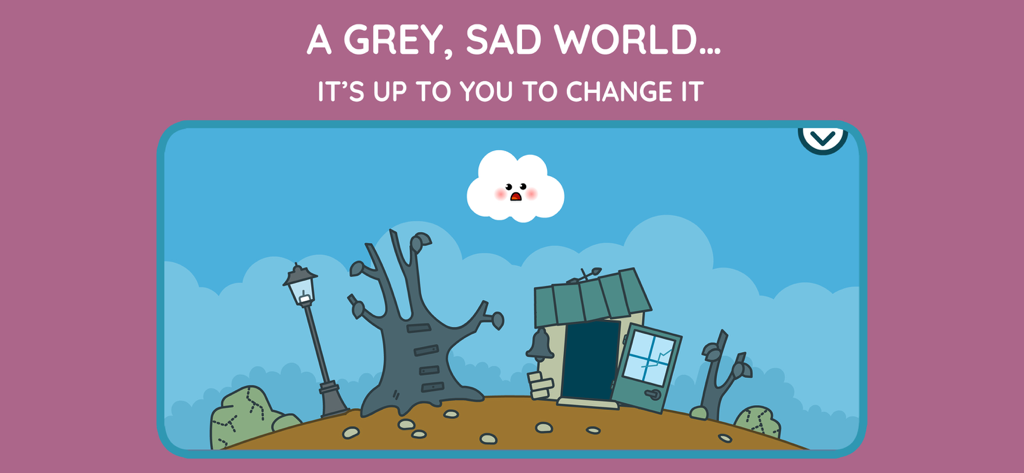 Pango Kumoの小さな雲が、枯れた木と壊れた家のある悲しい灰色の風景の上を浮遊している