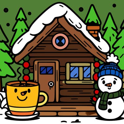 cabin with a hot coco with a cute face and a snow man outside
