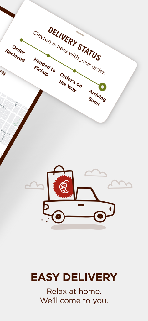 Chipotle Middle East - Real-time delivery tracking interface on the Chipotle Middle East mobile app showing order progress and delivery truck illustration.