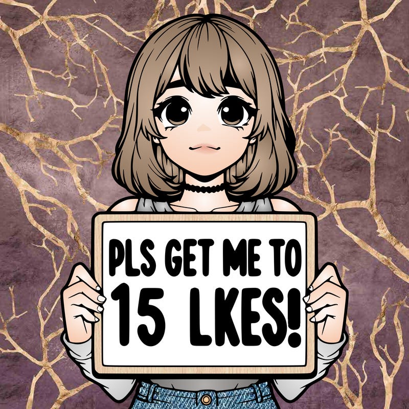 realistic girl holding up a sign that says “pls get me to 15 likes!”