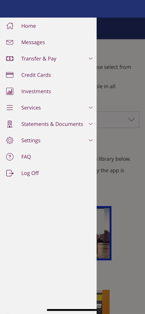 Bradesco Bank - Sidebar navigation menu of the Bradesco Bank mobile app showing features like Transfer and Pay, Credit Cards, and Investments.