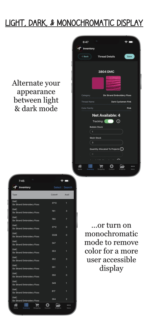 Threadster - Interfaz de la aplicación Threadster que muestra modos de visualización oscuros y monocromáticos para la gestión del inventario de hilos