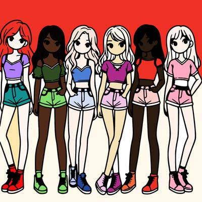 a group of girls wearing crop tops and shorts