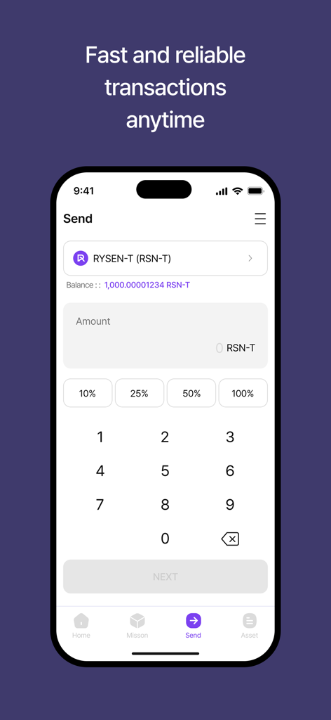 Rysen Wallet - Rysen Wallet interface for sending RSN-T tokens featuring a numeric keypad and percentage shortcuts