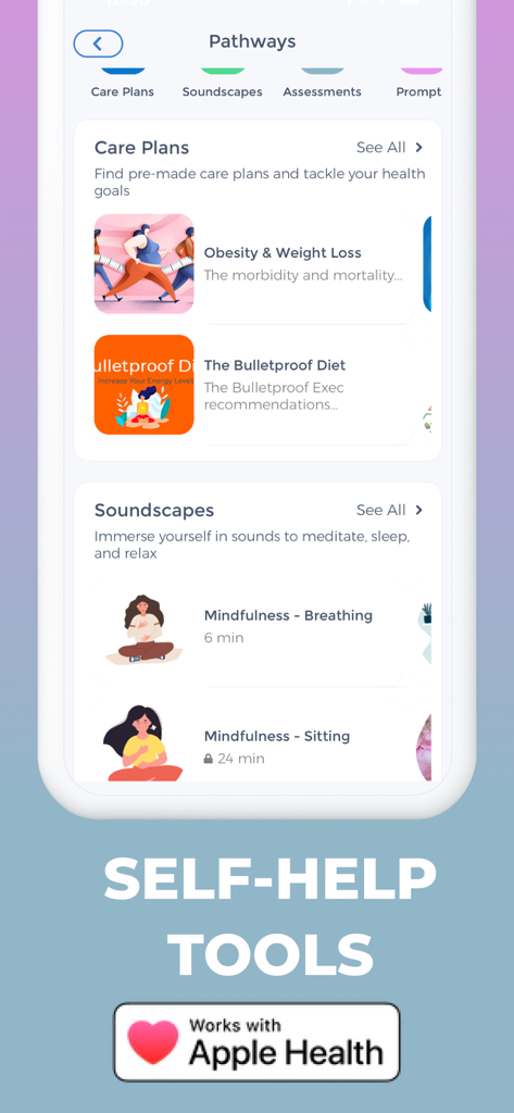 BPD Tracker - BPD Tracker app interface showing self-help tools with care plans and mindfulness soundscapes.