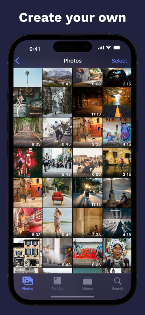 Charging Play & Emoji Battery - User interface showing a gallery for selecting personal photos and videos to create custom charging animations.
