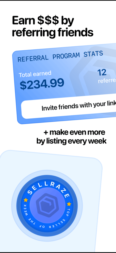 App screen showing referral program earnings and a top seller of the week badge