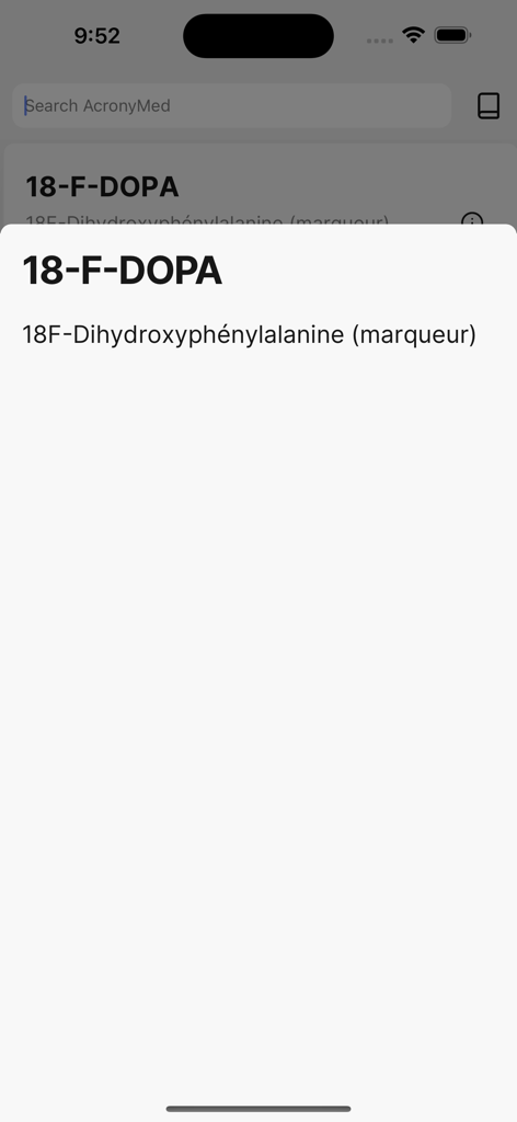 Acronymed - Search result screen for a medical acronym in the Acronymed app