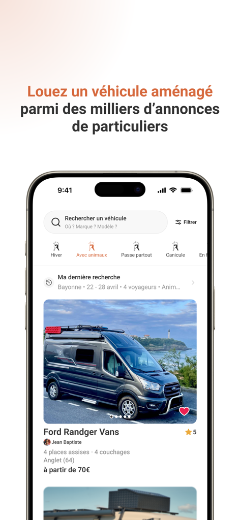 Wikicampers - A mobile phone displaying the Wikicampers app interface with a campervan rental listing and search options.