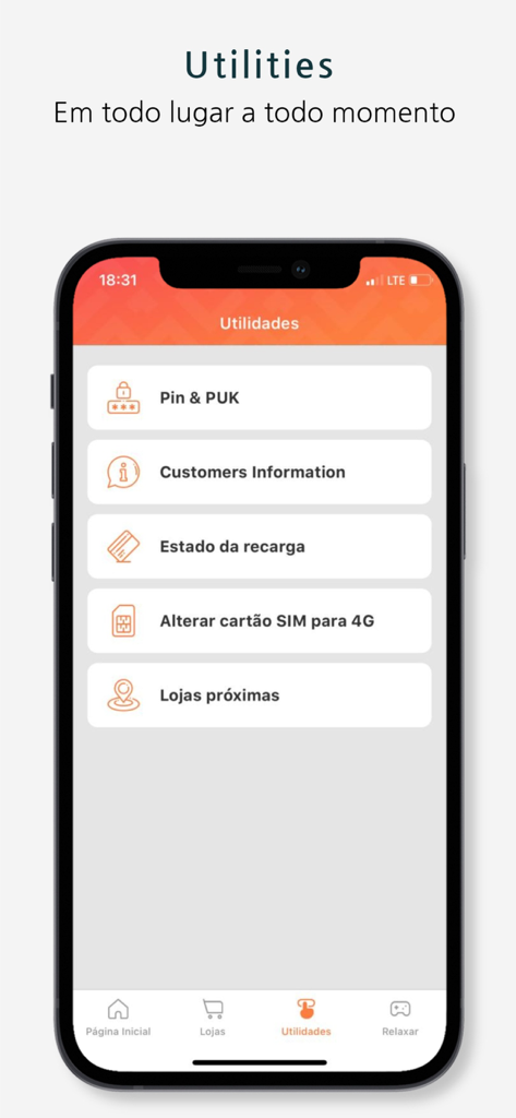 Tela de utilidades Super Movitel para gerenciar cartões SIM e configurações de conta.
