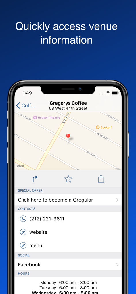 AroundMe App-Oberfläche mit Standort- und Kontaktinformationen für Gregorys Coffee.