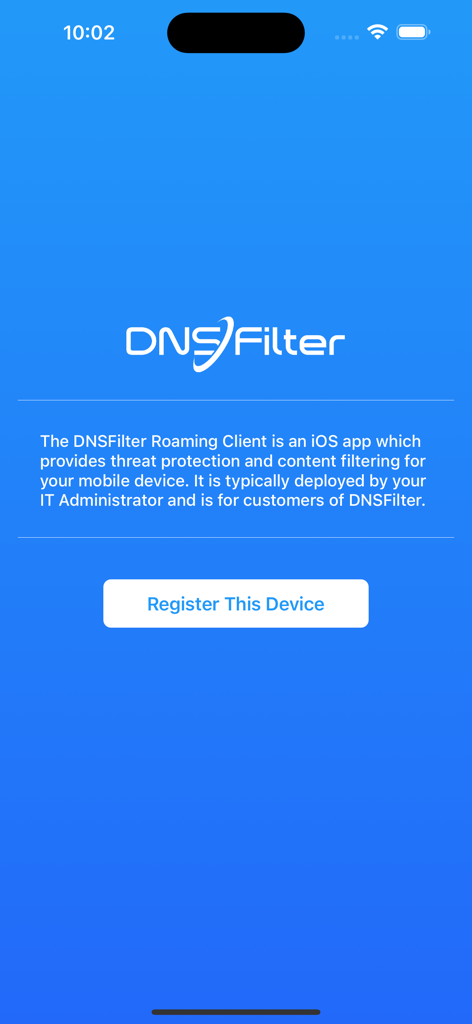 DNSFilter Roaming Client app registration screen with logo and Register This Device button