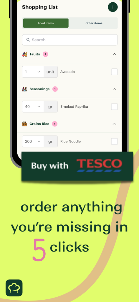 Interfaz de la lista de la compra de la aplicación Remy mostrando artículos y un botón para comprar ingredientes faltantes con Tesco.