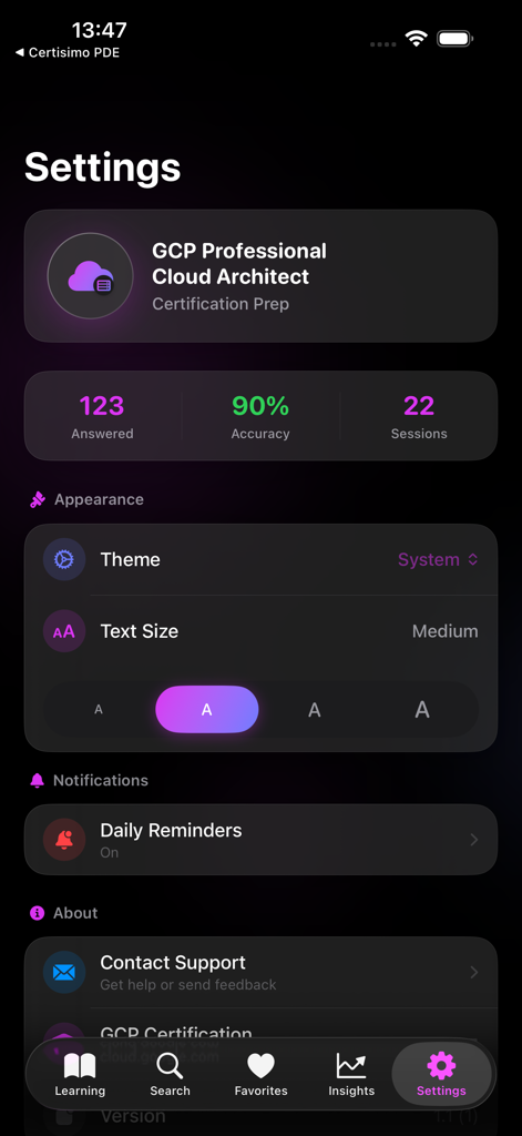 Certisimo PCA - The settings screen of the Certisimo PCA app in dark mode featuring user study statistics and app appearance preferences.
