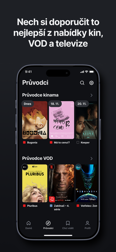 ČSFD - CSFD App Oberfläche, die Kino- und VOD-Streaming-Guides mit Film- und Serienpostern anzeigt