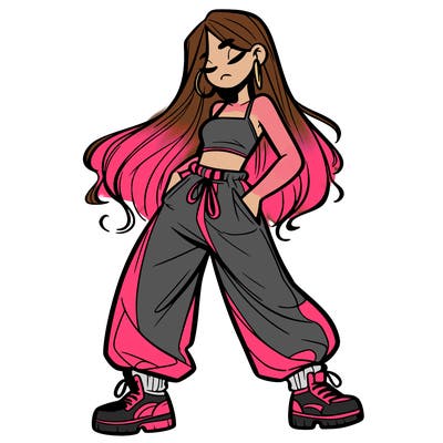 girl in baggy pants crop top and long hair