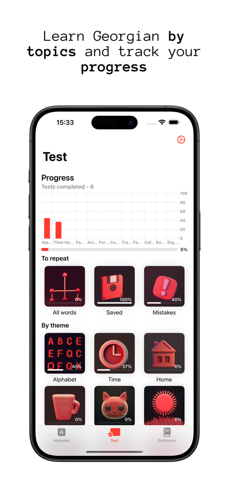 Gamarjoba: Georgian language - Gamarjoba app screenshot showing Georgian language learning progress by topics and test categories
