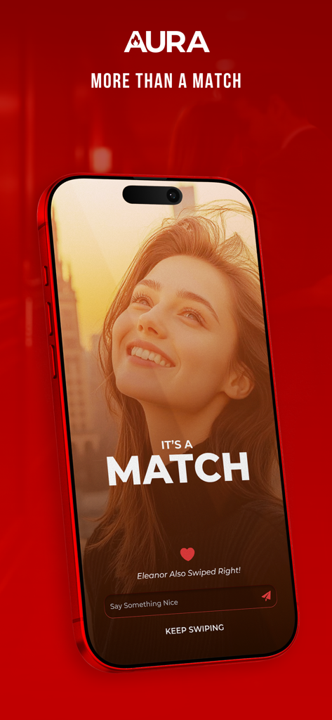 AURA - Premium Dating - AURA premium dating app match interface showing a new connection with a verified profile