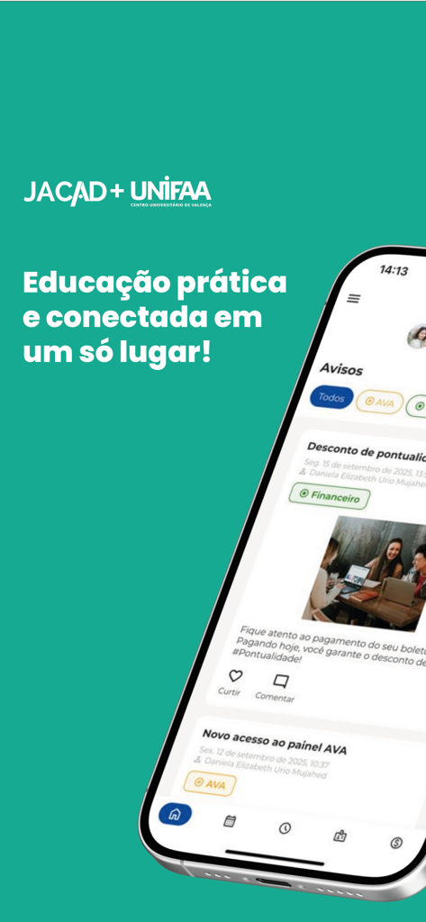 Interface do aplicativo UNIFAA em um smartphone mostrando comunicados do estudante e atualizações acadêmicas