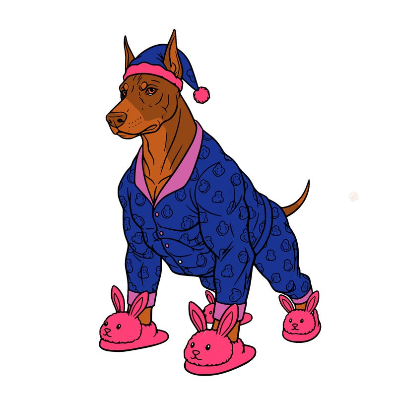 doberman pinscher wearing bunny slippers on paws he’s wearing a nightcap in between his ears and he’s wearing pajamas. he looks tough and he’s muscular but he looks like a baby when he’s wearing his pajamas.