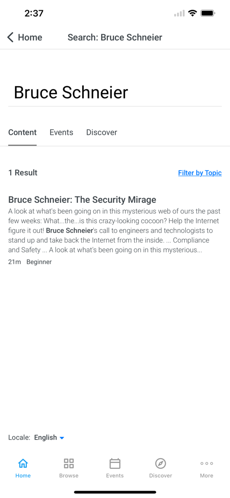 Exceed LMS - The search results screen in the Exceed LMS app showing educational content related to Bruce Schneier.