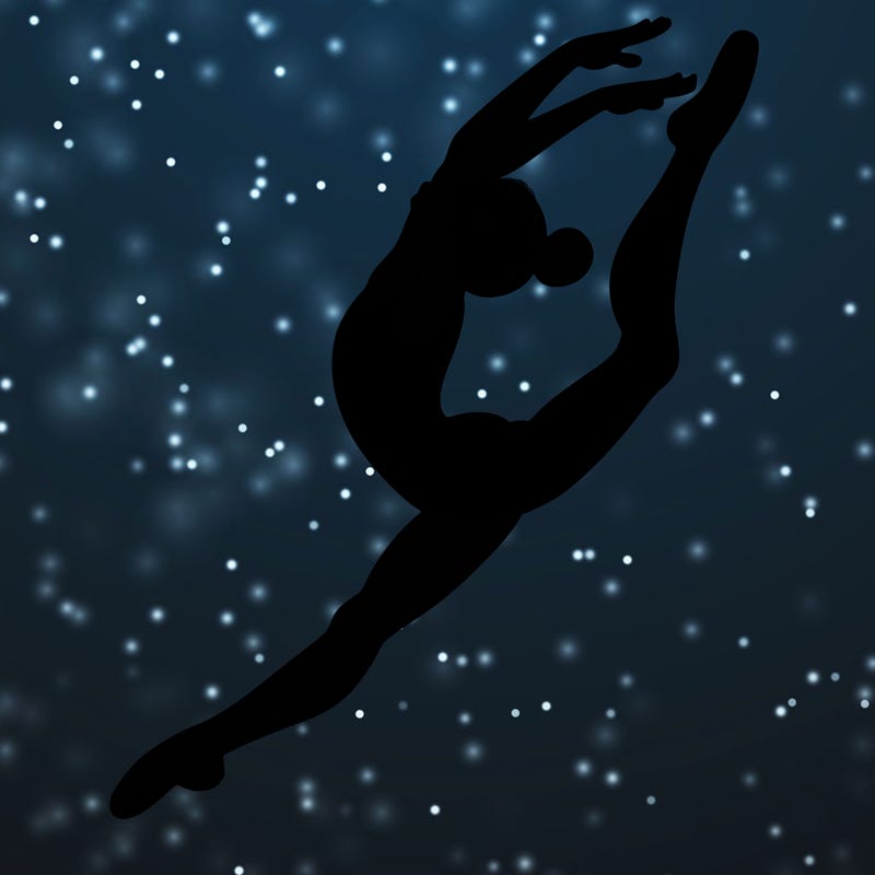 gymnast doing a leap in a leotard with a bent back leg